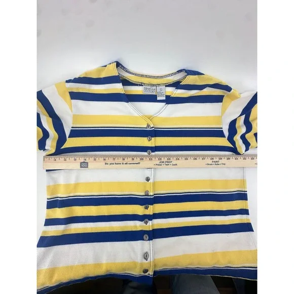 Women's Blue Yellow Striped Button Front Top Size L Game Day Rams Brewers Colors - Picture 3 of 9